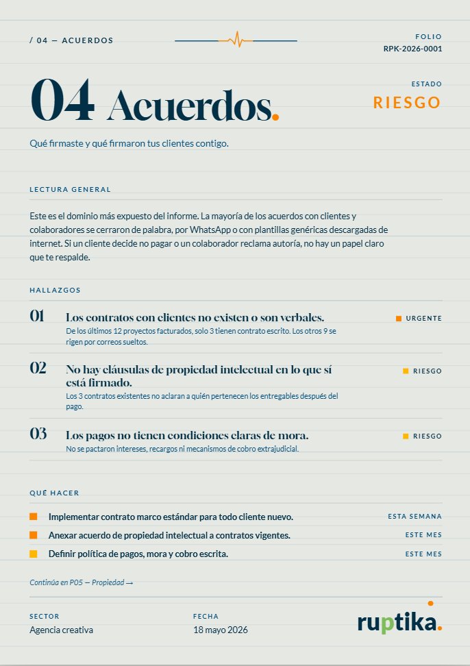 Página del informe: frente Acuerdos, con hallazgos y plan de qué hacer